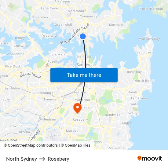 North Sydney to Rosebery map