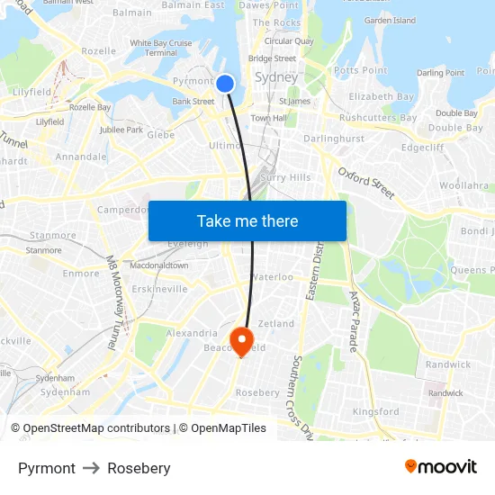 Pyrmont to Rosebery map