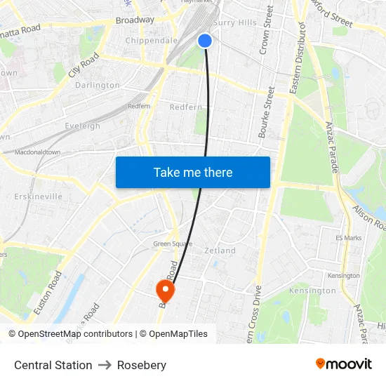 Central Station to Rosebery map