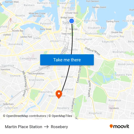 Martin Place Station to Rosebery map