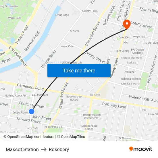 Mascot Station to Rosebery map