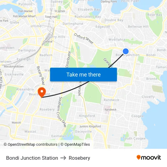 Bondi Junction Station to Rosebery map