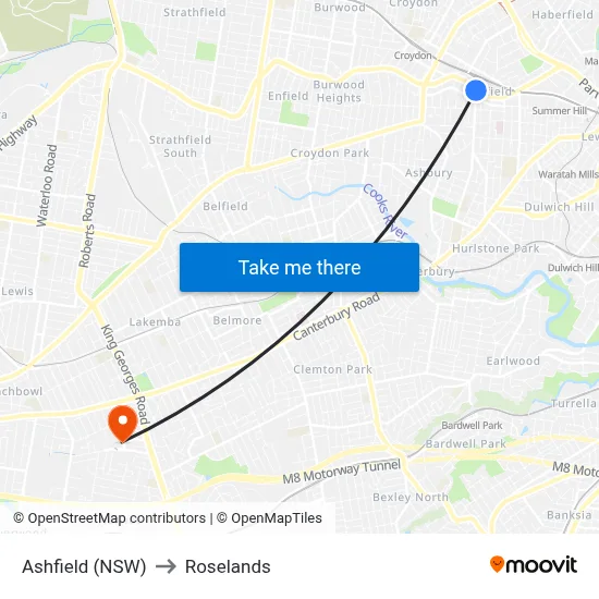 Ashfield (NSW) to Roselands map