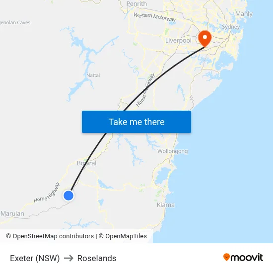 Exeter (NSW) to Roselands map