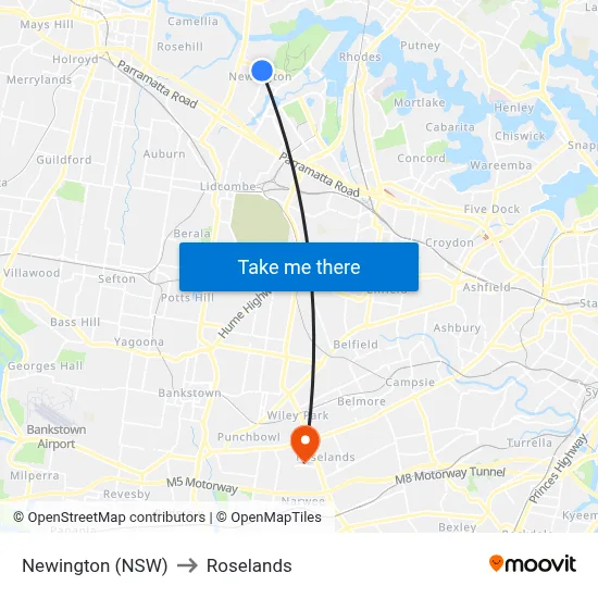Newington (NSW) to Roselands map