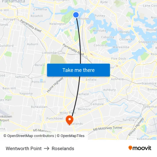Wentworth Point to Roselands map