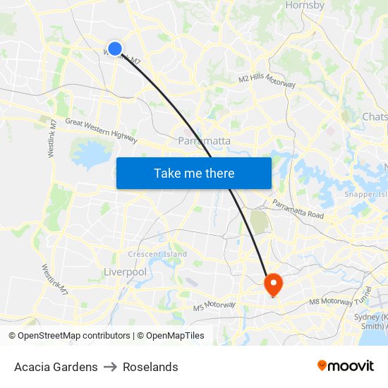 Acacia Gardens to Roselands map