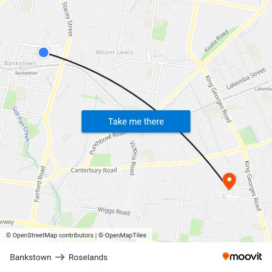 Bankstown to Roselands map
