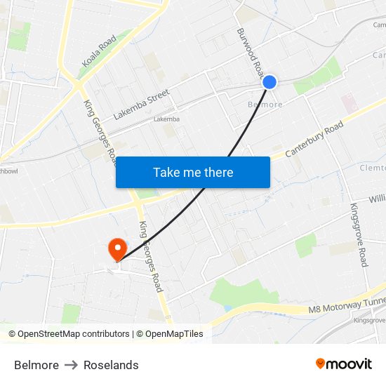 Belmore to Roselands map