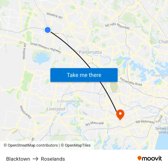 Blacktown to Roselands map