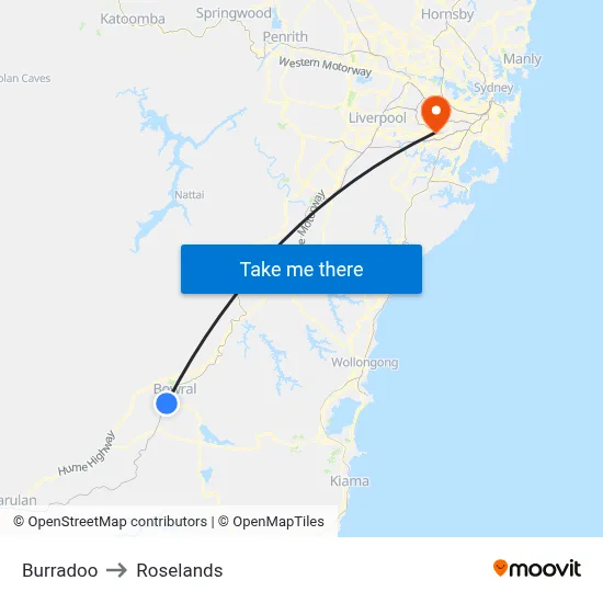 Burradoo to Roselands map
