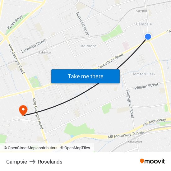 Campsie to Roselands map