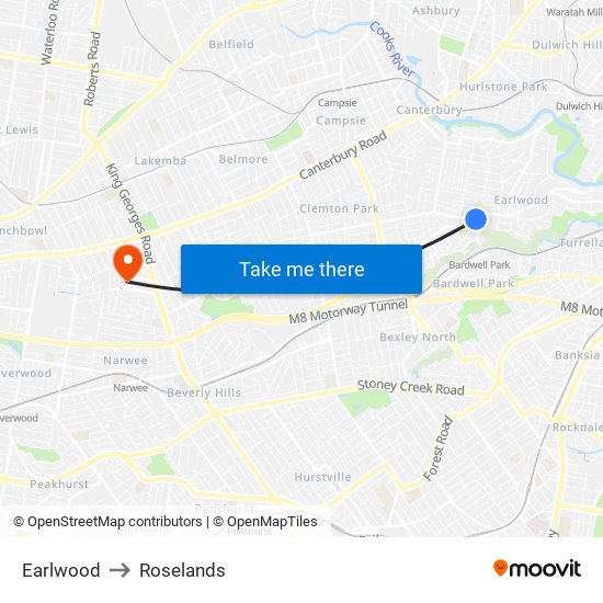 Earlwood to Roselands map