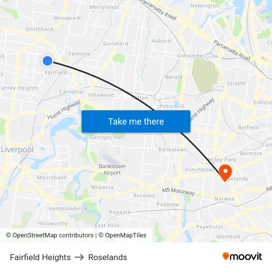 Fairfield Heights to Roselands map