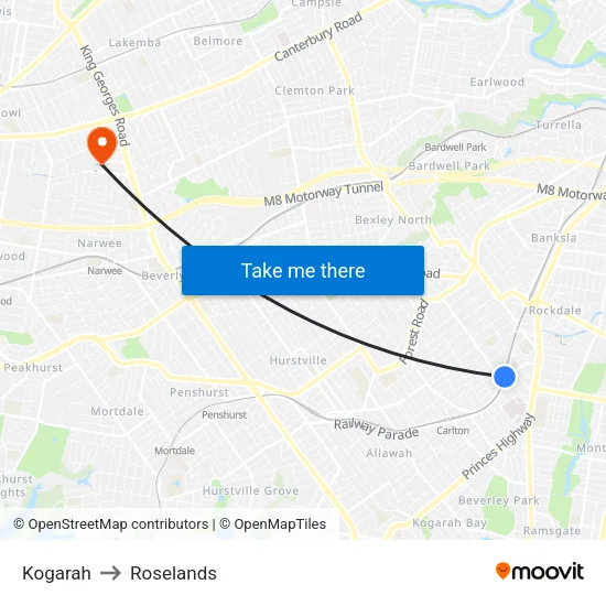 Kogarah to Roselands map