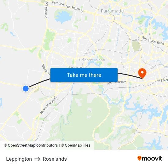 Leppington to Roselands map