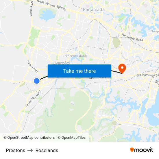 Prestons to Roselands map