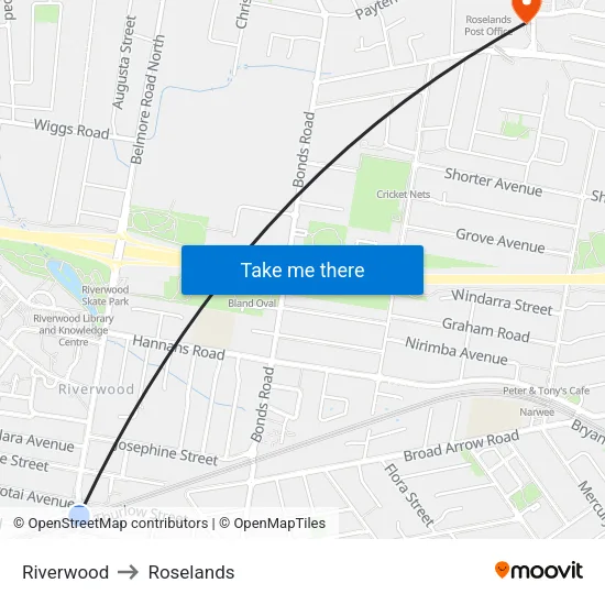 Riverwood to Roselands map