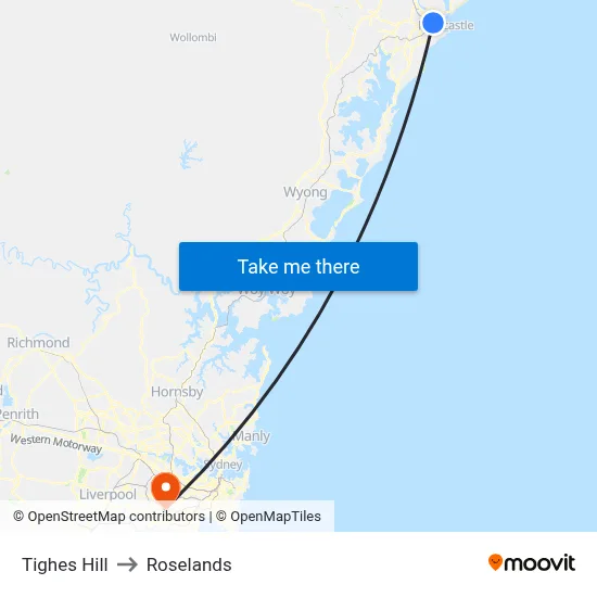 Tighes Hill to Roselands map
