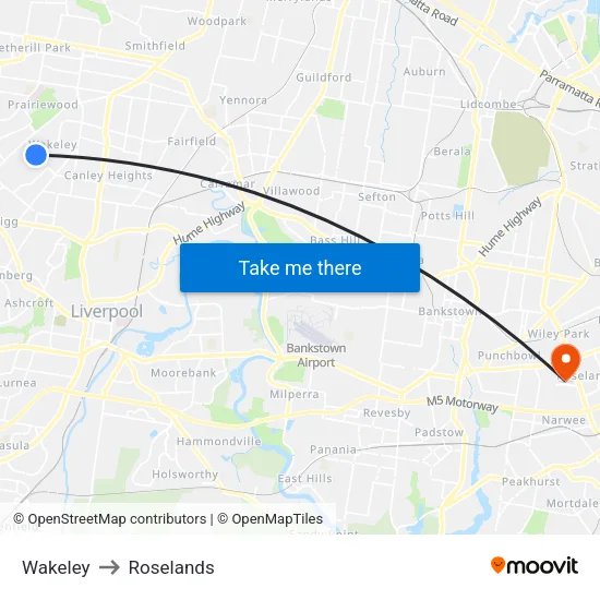 Wakeley to Roselands map