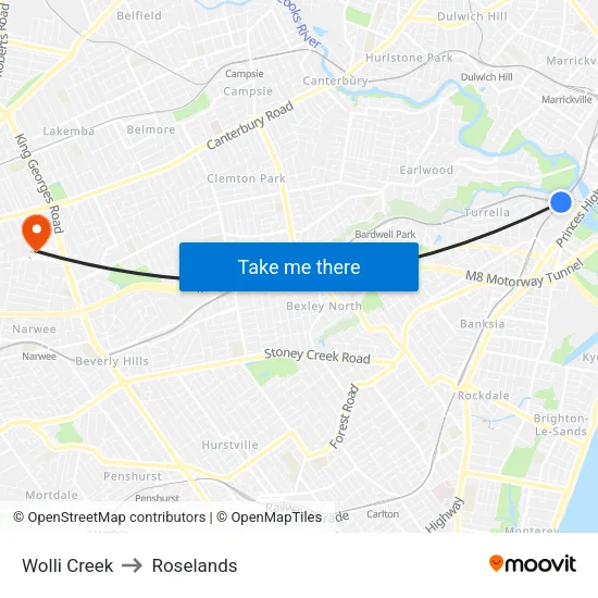 Wolli Creek to Roselands map