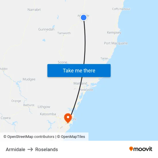 Armidale to Roselands map
