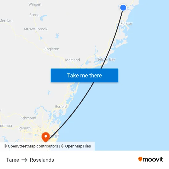 Taree to Roselands map
