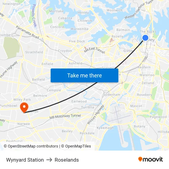 Wynyard Station to Roselands map