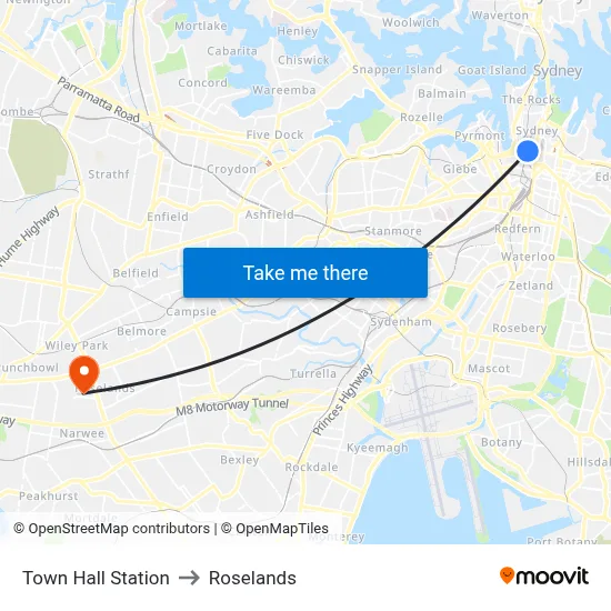 Town Hall Station to Roselands map