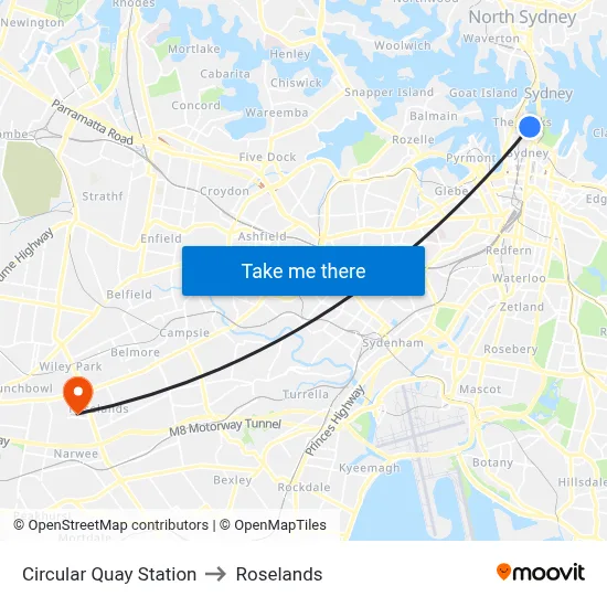 Circular Quay Station to Roselands map