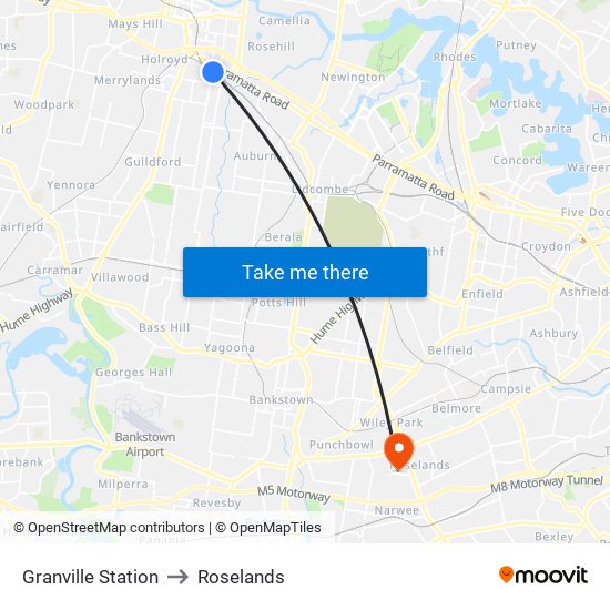 Granville Station to Roselands map