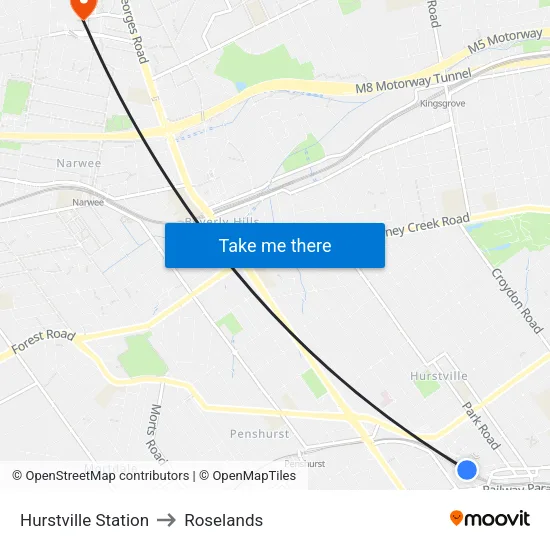 Hurstville Station to Roselands map
