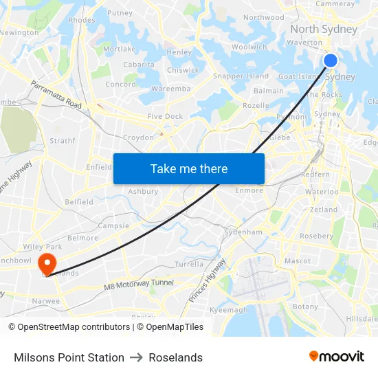 Milsons Point Station to Roselands map