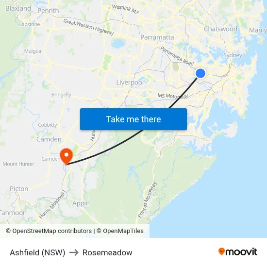 Ashfield (NSW) to Rosemeadow map