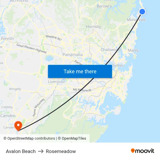 Avalon Beach to Rosemeadow map