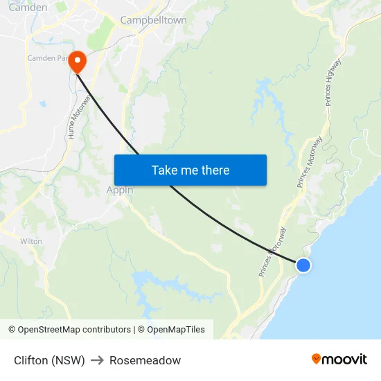 Clifton (NSW) to Rosemeadow map