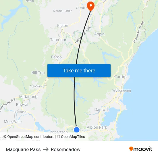 Macquarie Pass to Rosemeadow map