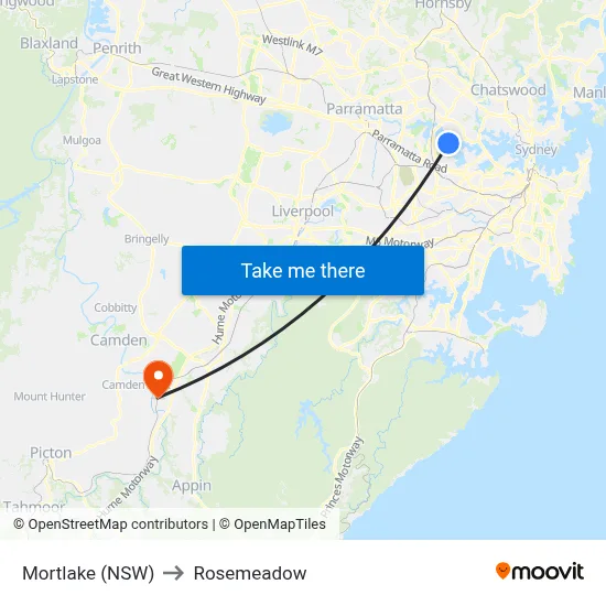 Mortlake (NSW) to Rosemeadow map