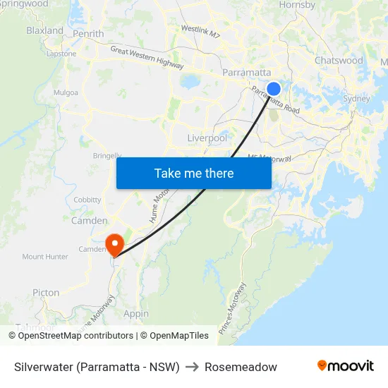 Silverwater (Parramatta - NSW) to Rosemeadow map