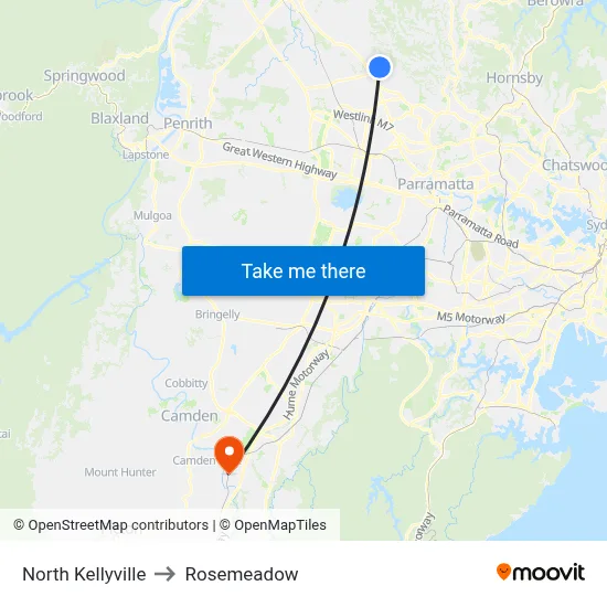 North Kellyville to Rosemeadow map