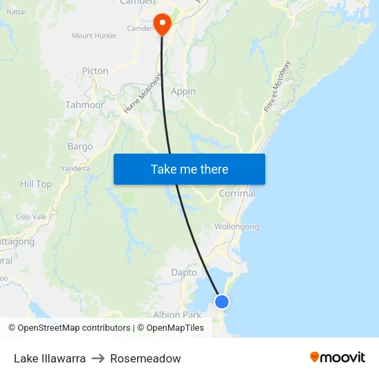 Lake Illawarra to Rosemeadow map
