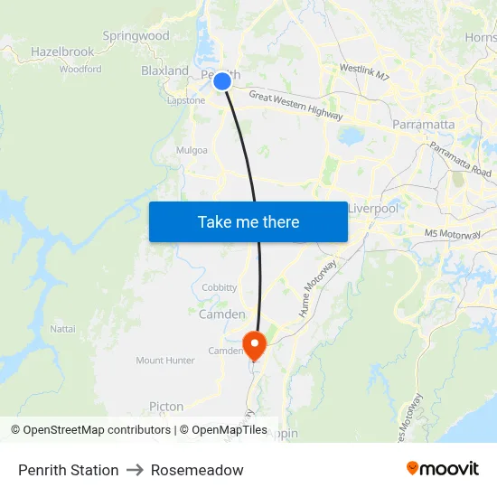Penrith Station to Rosemeadow map
