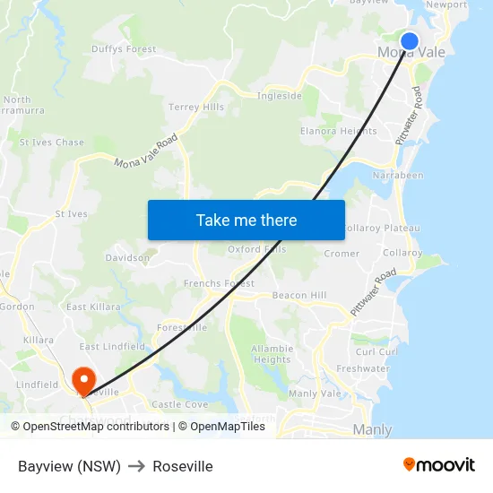 Bayview (NSW) to Roseville map