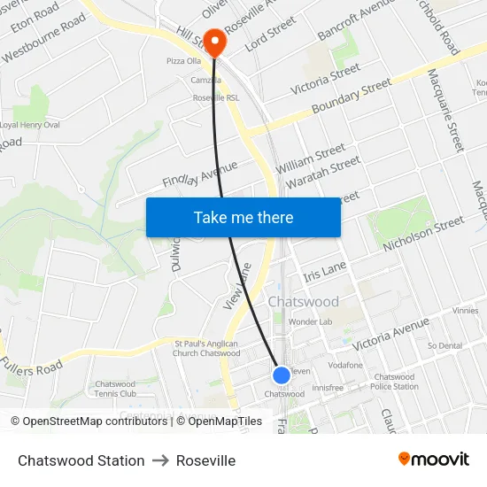 Chatswood Station to Roseville map