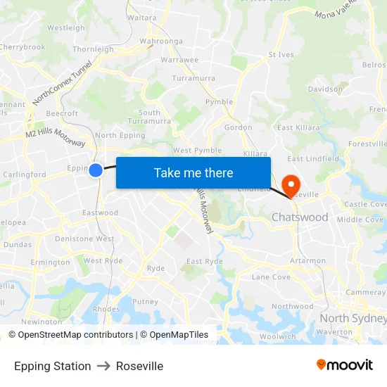 Epping Station to Roseville map