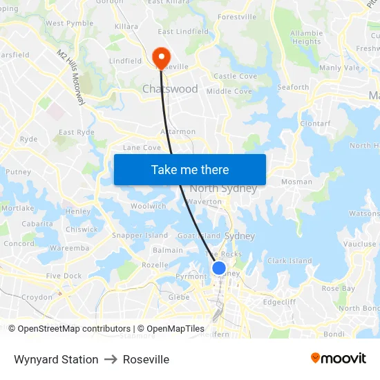 Wynyard Station to Roseville map