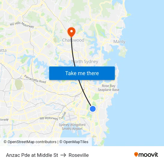 Anzac Pde at Middle St to Roseville map
