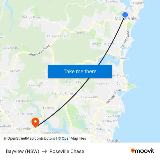 Bayview (NSW) to Roseville Chase map