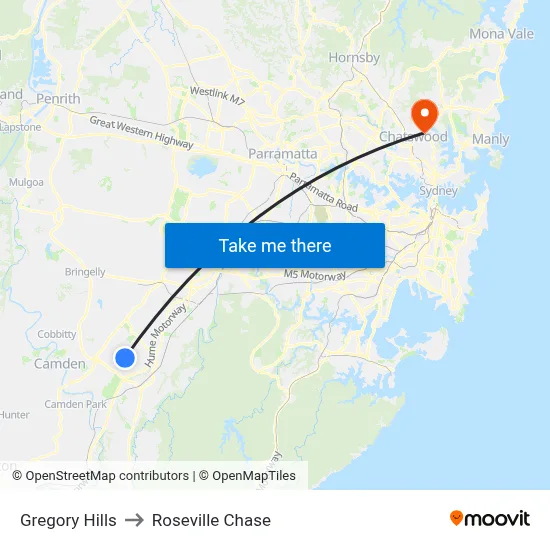 Gregory Hills to Roseville Chase map