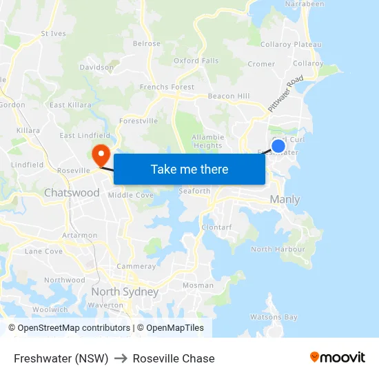 Freshwater (NSW) to Roseville Chase map